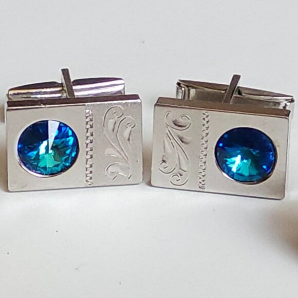 Men's Cufflinks Gold Tone Blue Gemstone Embellishment Decorative Engraving - Picture 1 of 3